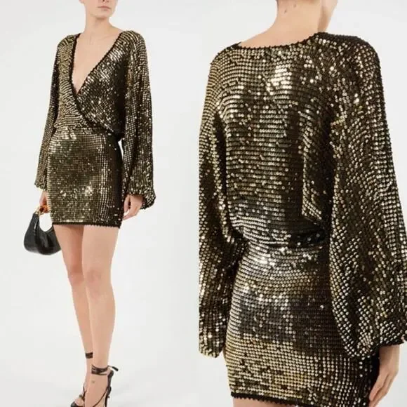 Retrofete Black and Gold Sequin Mini Dress